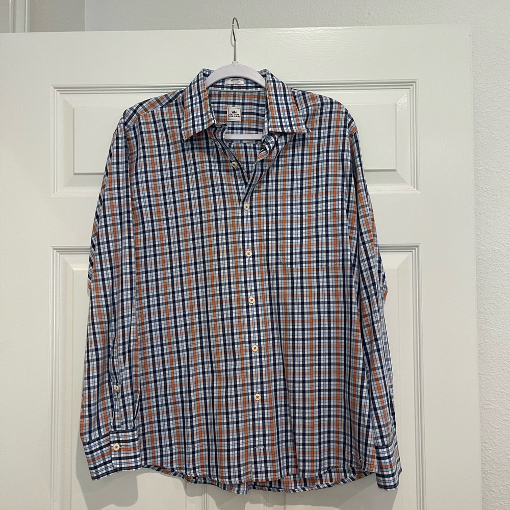 Peter Millar Men's Blue and Orange Plaid Shirt Medium